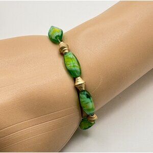 Vintage Green Faux Stone Beaded Beaded Bracelet with Gold Tone Bead Accents